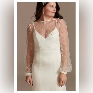 Large David’s Bridal DB Studio long sleeve tulle topper with pearls